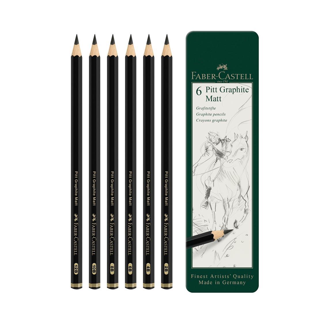 6 pencils outside the tin of Faber-Castell Pitt Graphite Matt Pencil Set