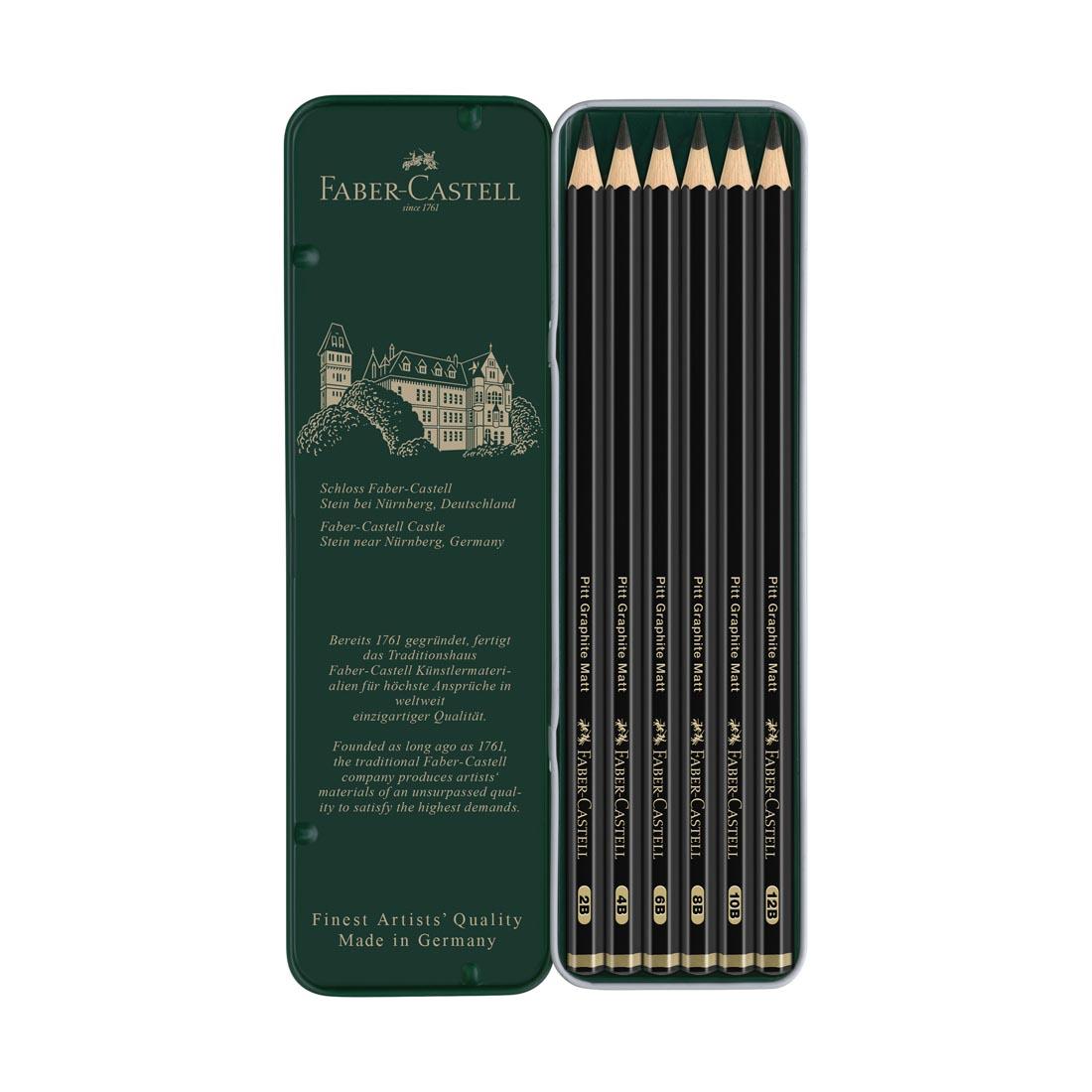 Faber-Castell Pitt Graphite Matt Pencil 6-Count Set with the tin's lid off