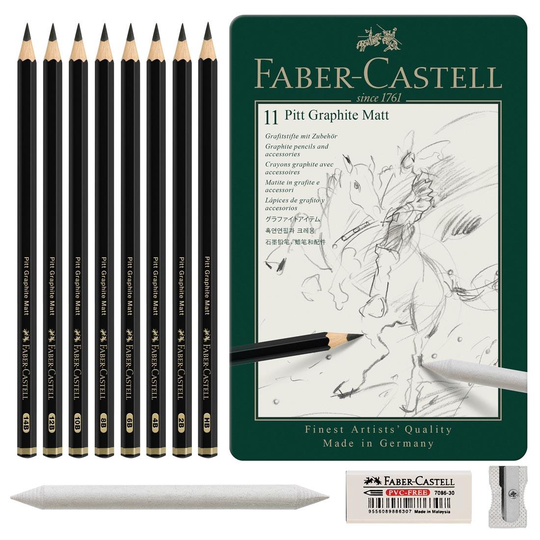 8 pencils, a stump and sharpener outside the tin of Faber-Castell Pitt Graphite Matt Pencil 11-Piece Set