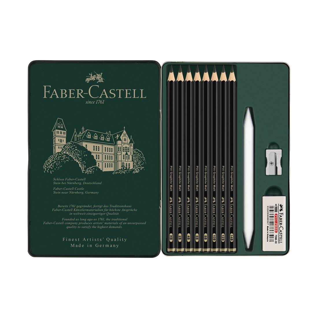 Faber-Castell Pitt Graphite Matt Pencil 11-Piece Set with the tin lid off