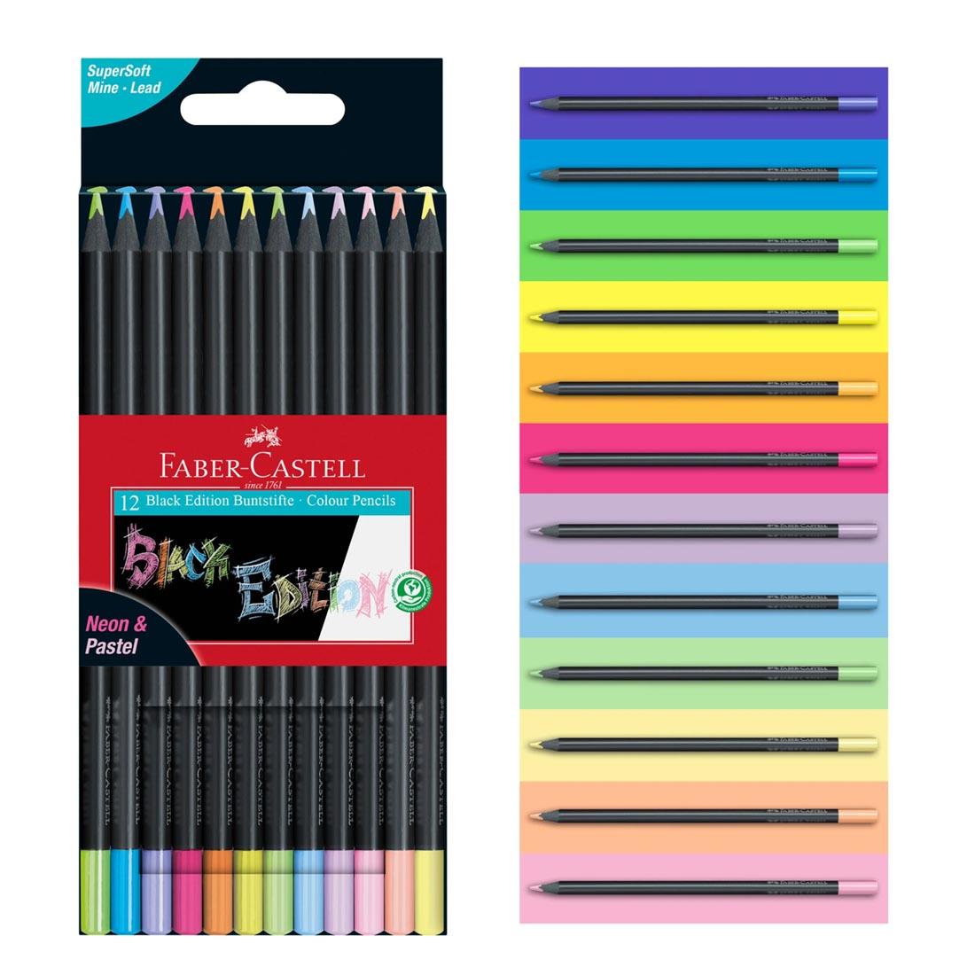 package for Black Edition Neon & Pastel Colored Pencils 12-Color Set by Faber-Castell beside all 12 pencils laying on their color swatches