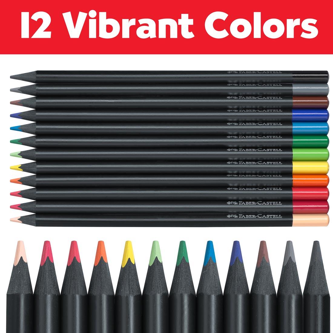 12 full Faber-Castell Black Edition Colored Pencils plus closeups of their tips and the text 12 Vibrant Colors