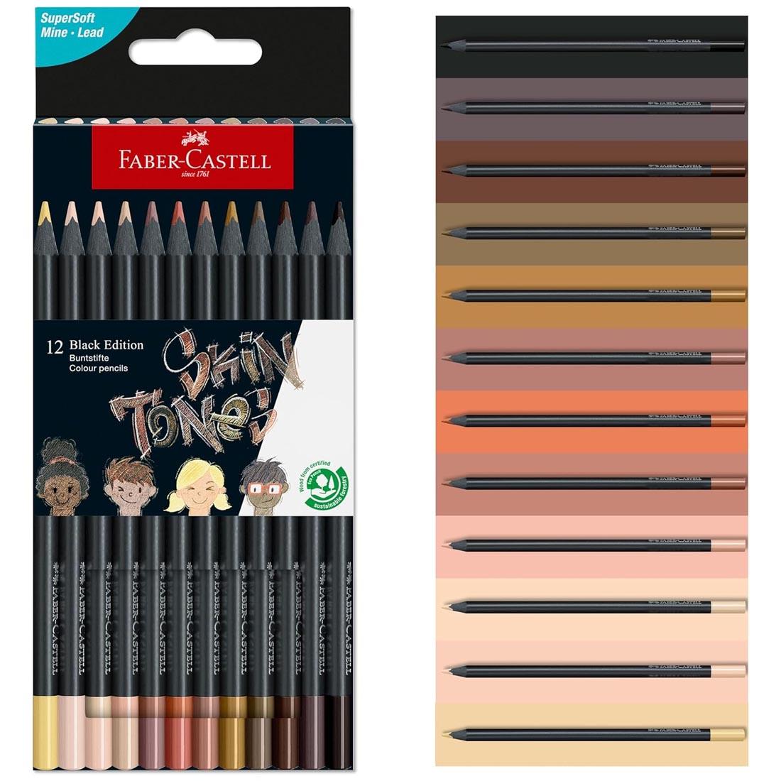 box of Faber-Castell Black Edition Skin Tones Colored Pencils 12-Color Set beside each pencil with their color swatch as a background