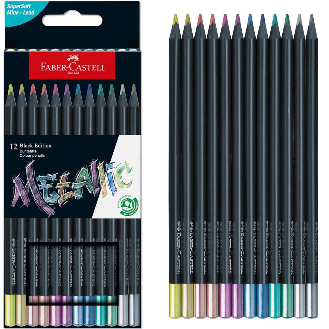 box of Faber-Castell Black Edition Metallic Colored Pencils 12-Color Set plus all 12 pencils beside the box