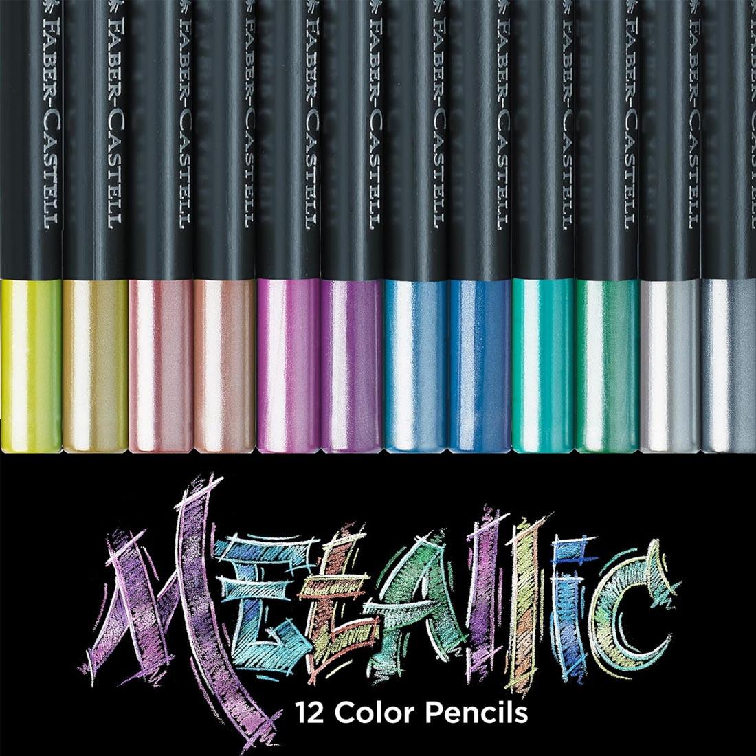 The colored ends of Colored Pencils from the Faber-Castell Black Edition Metallic Set plus text Metallic 12 Color Pencils