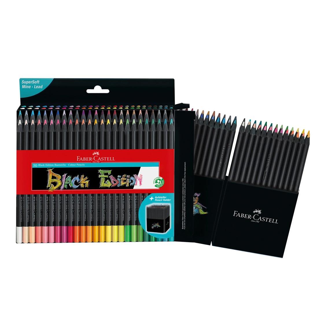 Faber-Castell Black Edition Colored Pencils 50-Color Set with box open and pencils coming out