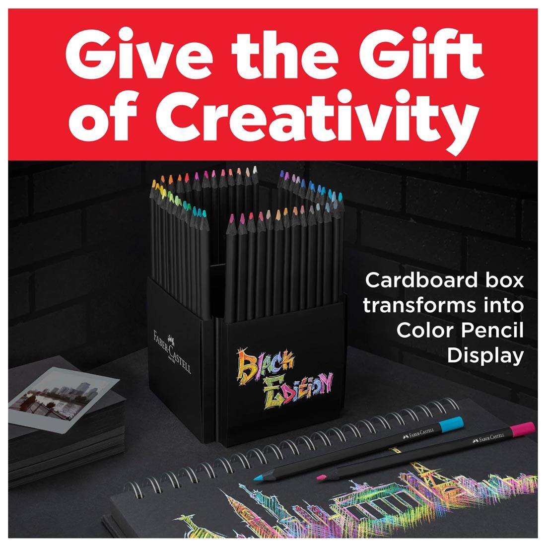 Faber-Castell Black Edition Colored Pencils 50-Color Set plus text Gift the Gift of Creativity; Cardboard box transforms into Color Pencil Display