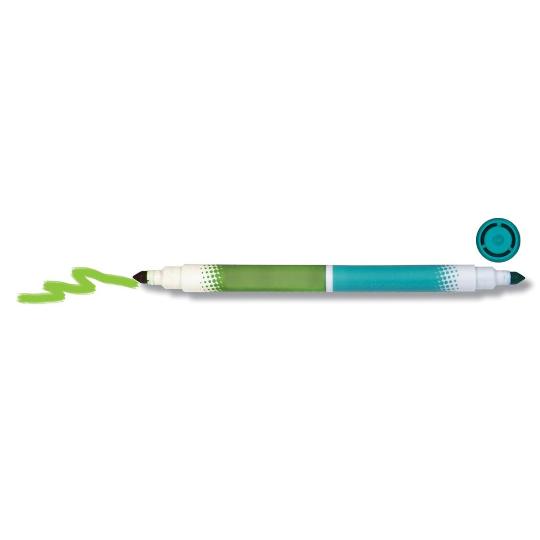 Duo-tipped marker with cap off, showing a squiggle of green and blue