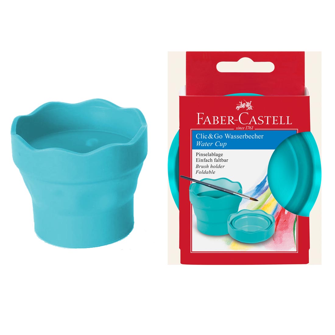 Clic & Go Collapsible Water Pot by Faber-Castell shown inside and outside of packaging