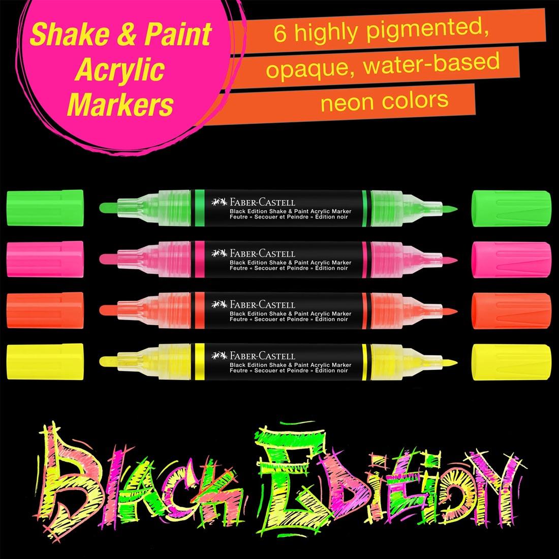 4 Black Edition Shake & Paint Neon Acrylic Markers with both caps off plus text 6 highly pigmented, opaque, water-based neon colors