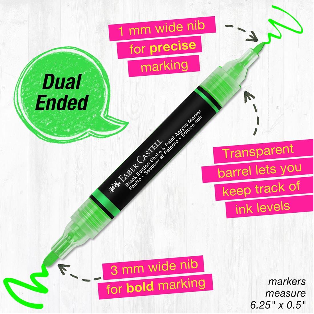 neon green Black Edition Shake & Paint Neon Acrylic Marker plus text Dual Ended; 1mm wide nib for precise marking; Transparent barrel lets you keep track of ink levels; 3mm wide nib for bold marking