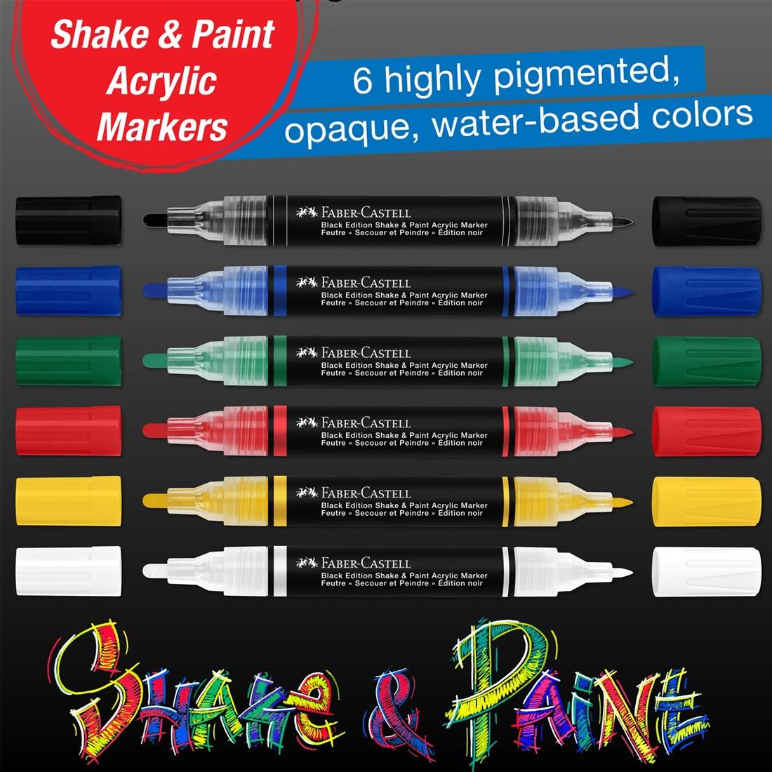 Black Edition Shake & Paint Acrylic Markers with both caps off plus text 6 highly pigmented, opaque, water-based colors