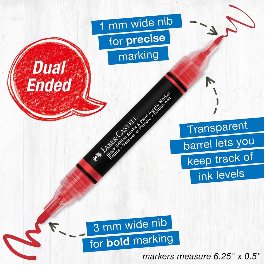 Black Edition Shake & Paint Acrylic Marker plus text Dual Ended; 1mm wide nib for precise marking; Transparent barrel lets you keep track of ink levels; 3mm wide nib for bold marking