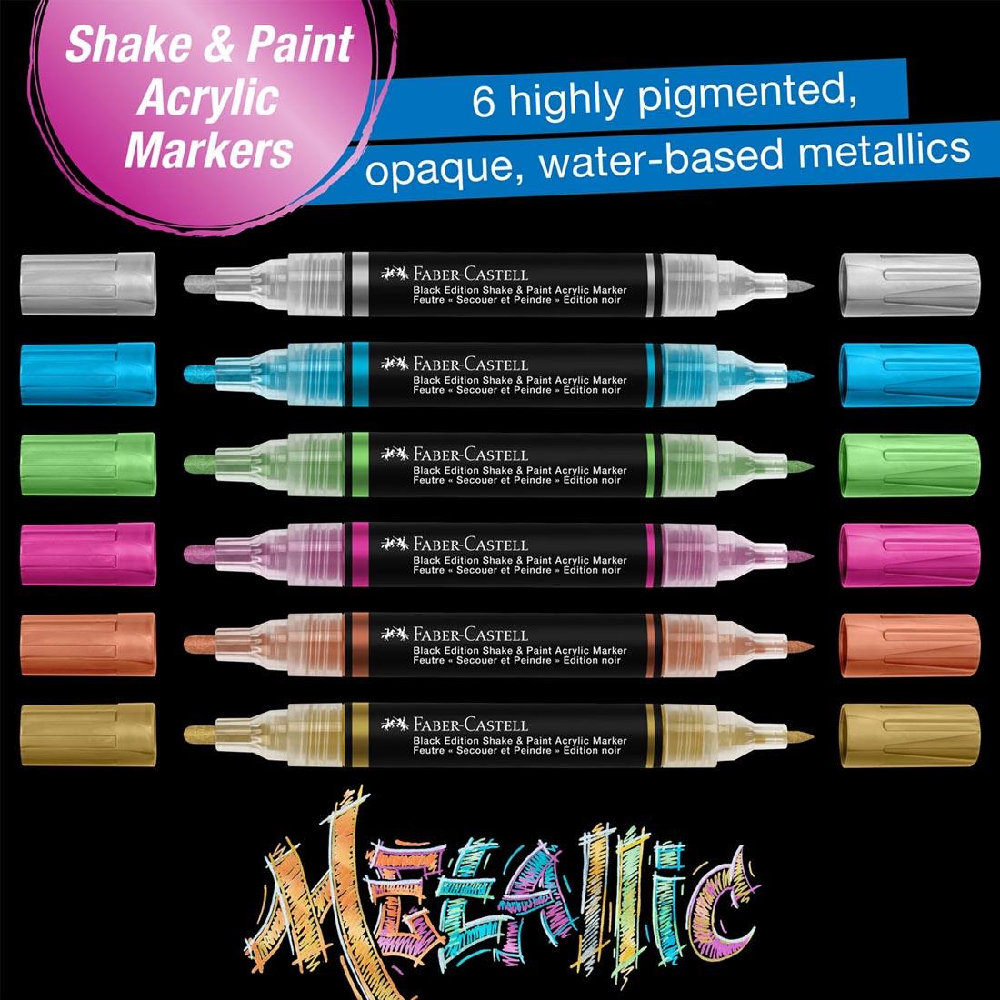Black Edition Shake & Paint Metallic Acrylic Markers with both caps off plus text 6 highly pigmented, opaque, water-based metallics