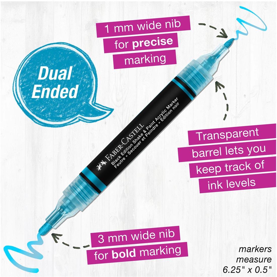 Black Edition Shake & Paint Metallic Acrylic Marker plus text Dual Ended; 1mm wide nib for precise marking; Transparent barrel lets you keep track of ink levels; 3mm wide nib for bold marking