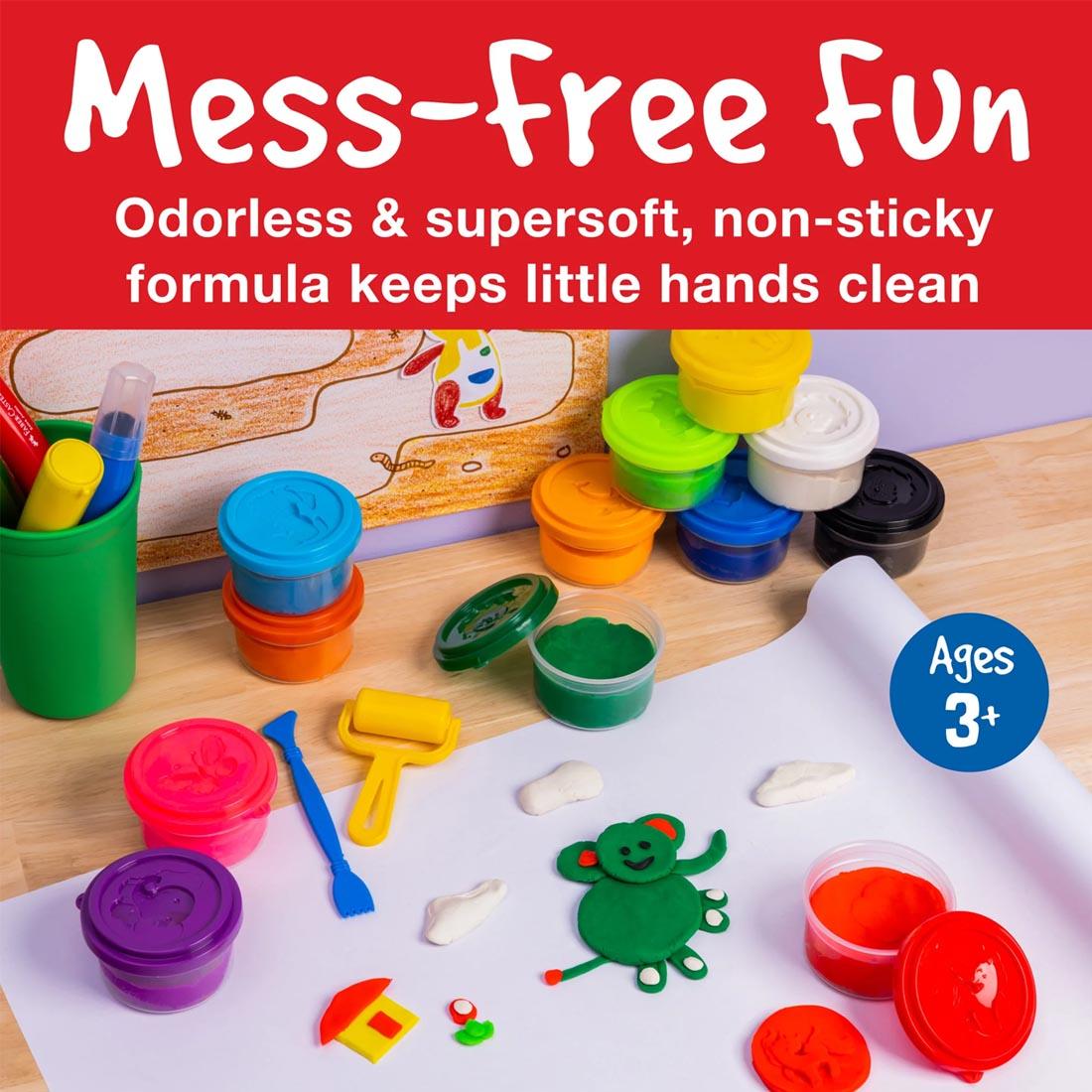 Little Creatives Super Soft Modeling Dough Set in use plus text Mess-Free Fun; Odorless & supersoft, non-sticky formula keeps little hands clean