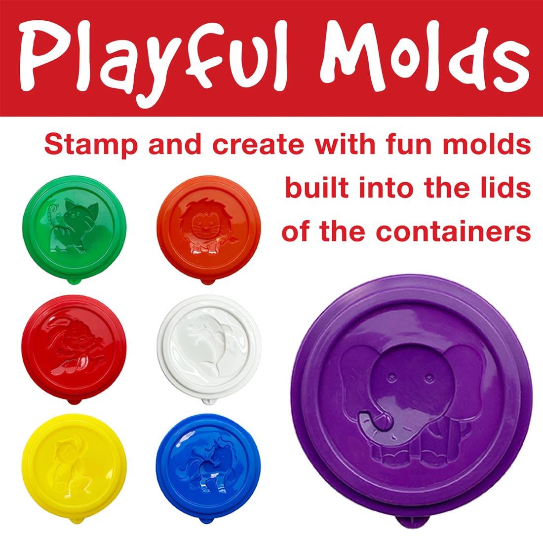7 lids from Little Creatives Super Soft Modeling Dough plus text Playful Molds; Stamp and create with fun molds built into the lids of the containers