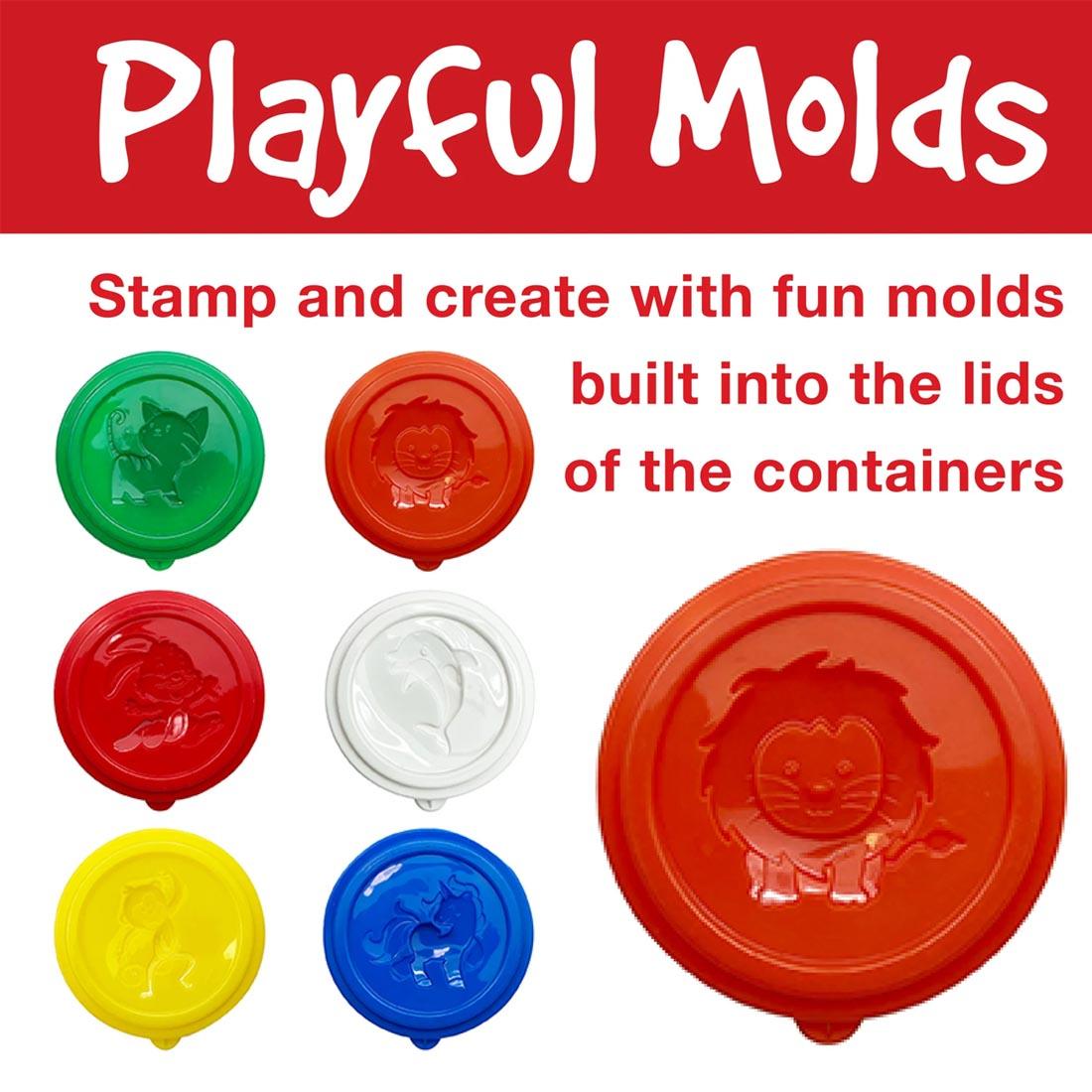 7 lids from Little Creatives Super Soft Modeling Dough plus text Playful Molds; Stamp and create with fun molds built into the lids of the containers