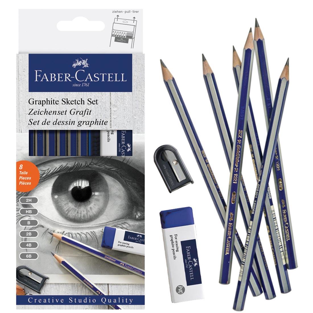 Six GoldFaber Graphite Pencils, an Eraser and a Sharpener, shown outside of package