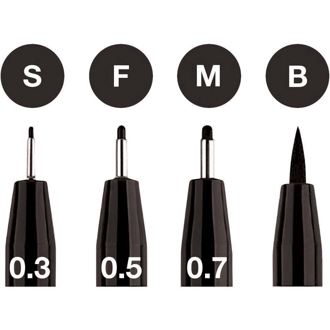 Small, fine, medium and brush nib sizes in the Faber-Castell PITT Artist Pens 4-Count Black Set