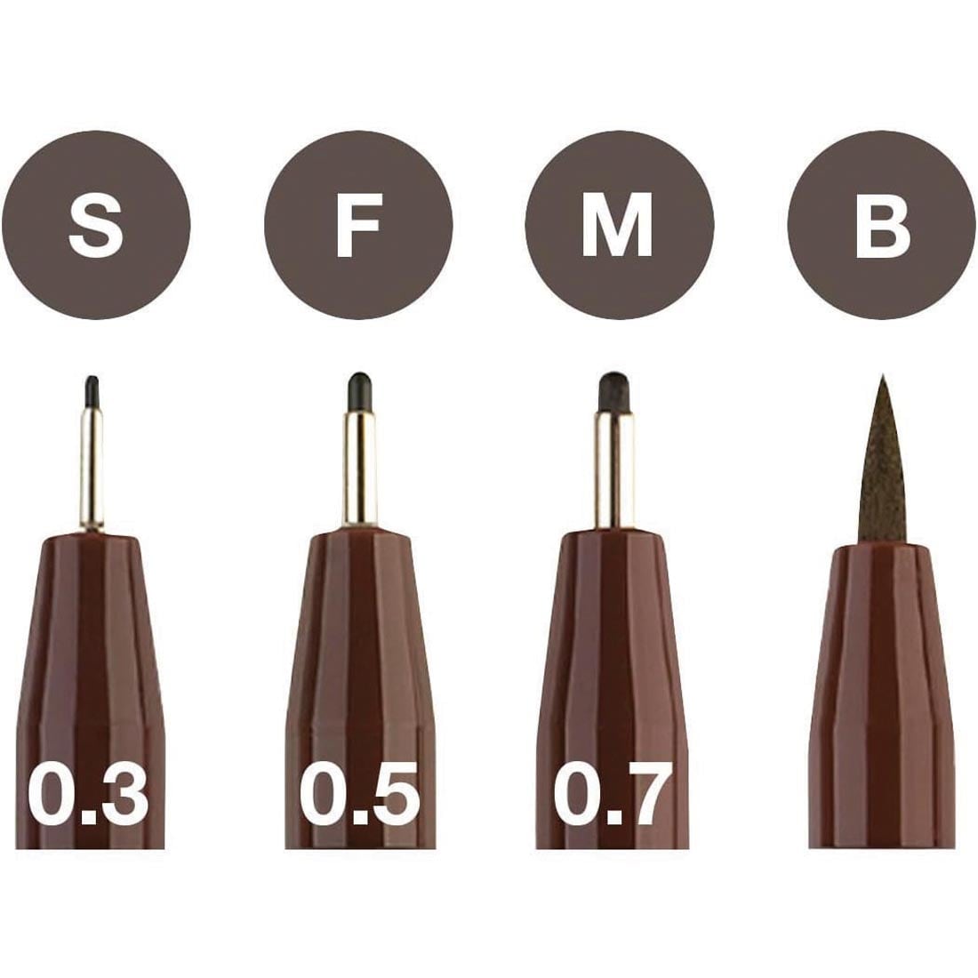 Small, fine, medium and brush nib sizes in the Faber-Castell PITT Artist Pens 4-Count Sepia Set