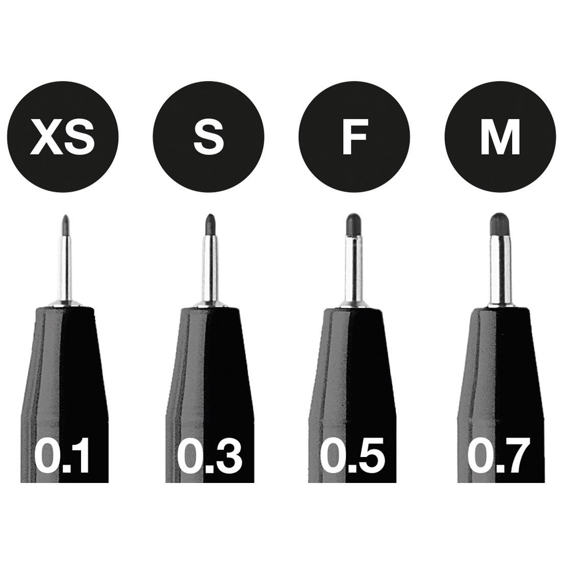 Tip sizes from the Faber-Castell PITT Artist Pens 4-Count Black Fineliner Set, showing XS, S, F and M