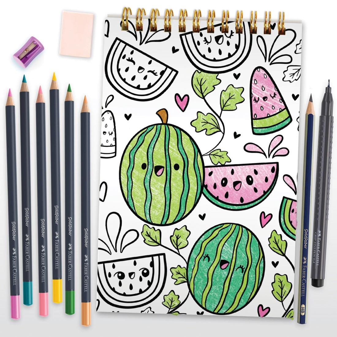 colored page and colored pencils from the Faber-Castell Creative Studio Kawaii World Kit