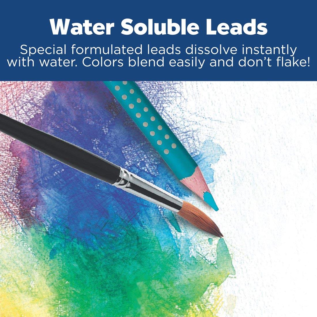a Grip Watercolor EcoPencil and a paintbrush on artwork plus text Water soluble leads; specially formulated leads dissolve instantly with water. Colors blend easily and don't flake!
