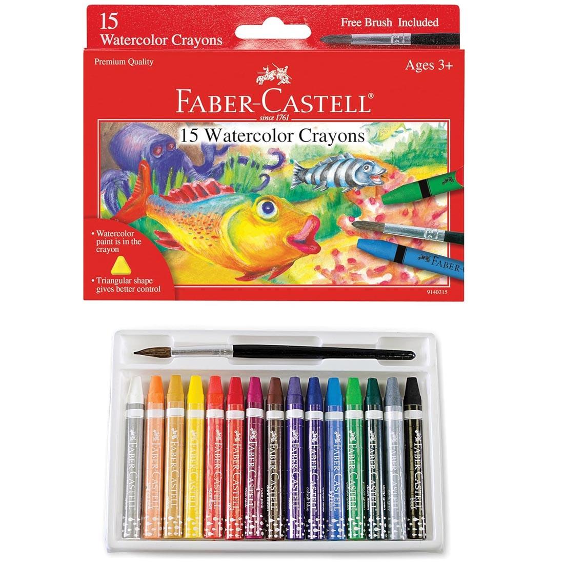 Package of Faber-Castell Watercolor Crayons, showing crayons and a painbrush outside of box