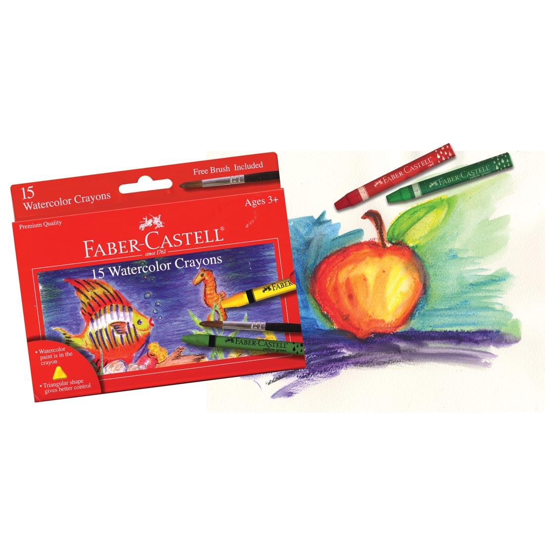 Package of Faber-Castell Watercolor Crayons beside a sample painting