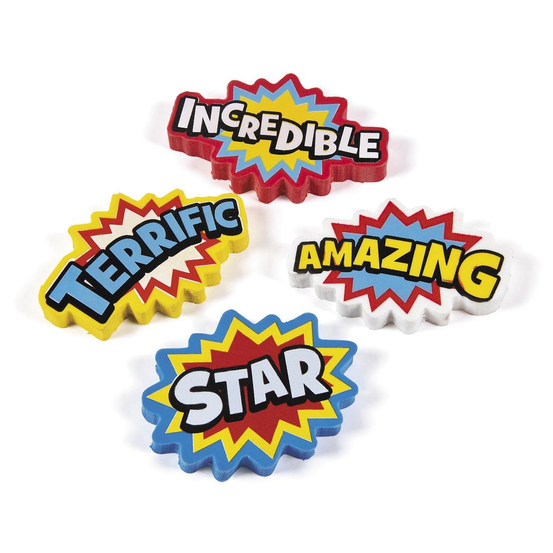 Rubber Superhero Erasers by Fun Express with the words Incredible, Terrific, Amazing and Star