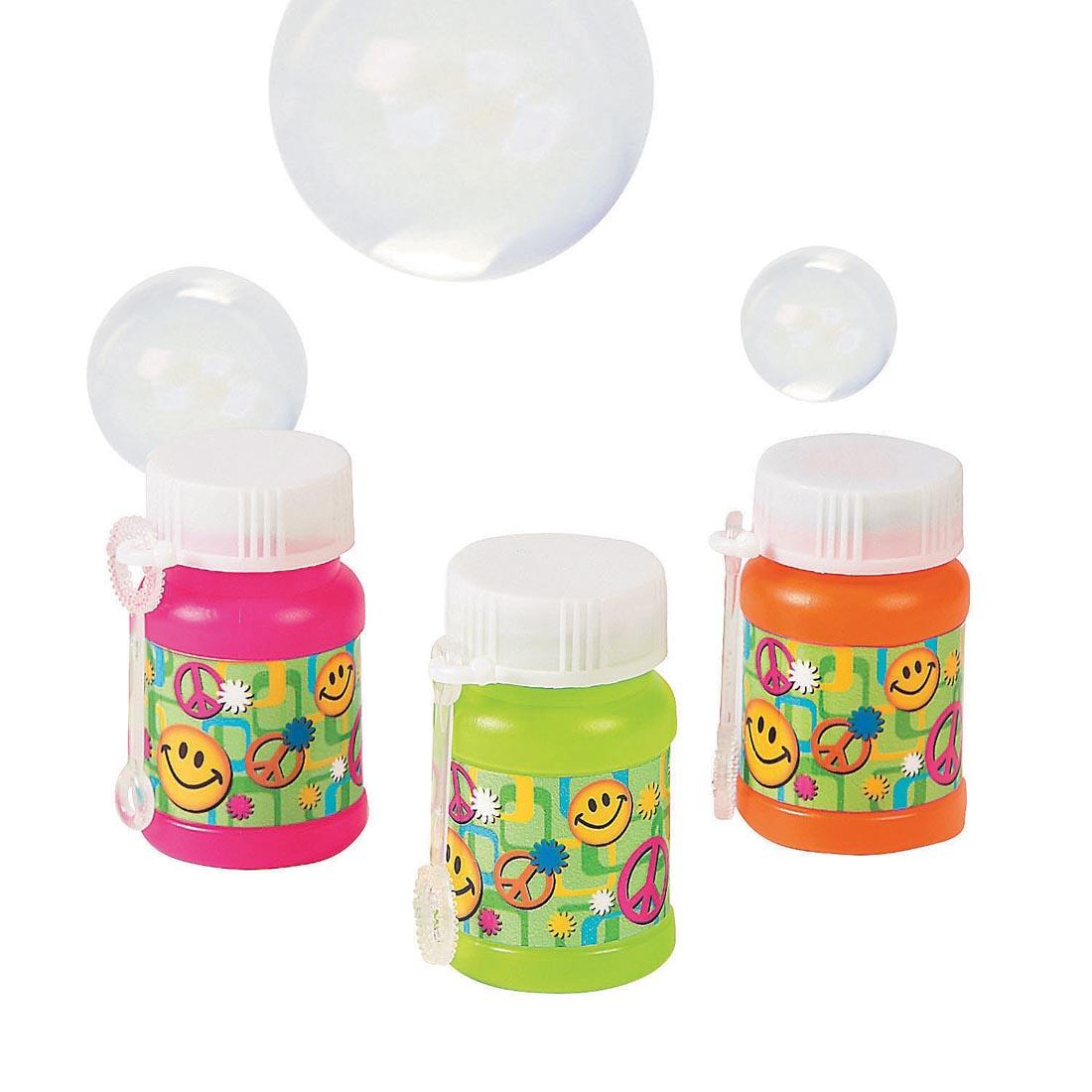 bubbles floating over three Mini 60s Bubble Bottles By Fun Express
