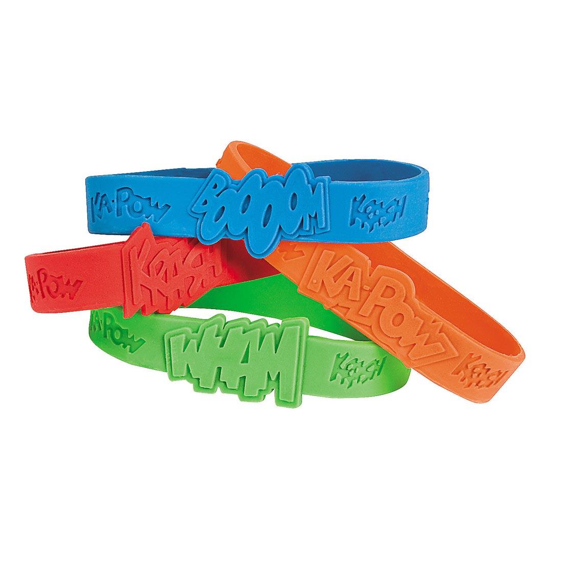 Superhero Sayings Bracelets by Fun Express include Booom, Krash, Ka-pow and Wham