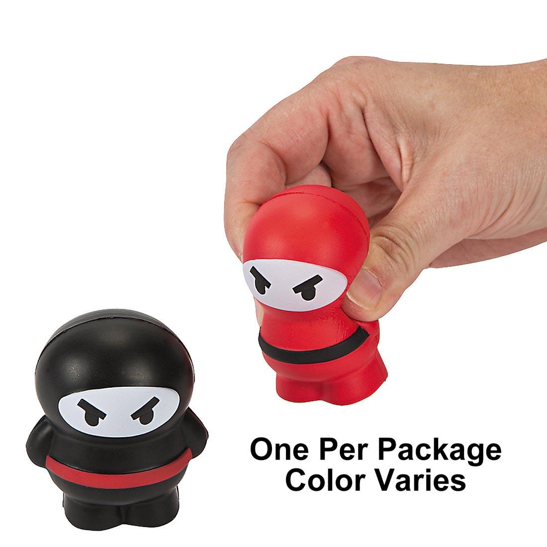 two Foam Ninja Stress Toys by Fun Express with a hand squeezing one of them; words: One Per Package, Color Varies