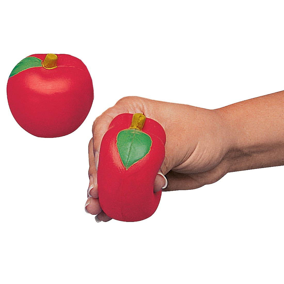 two Red Apple Stress Toys by Fun Express with a hand squeezing one of them