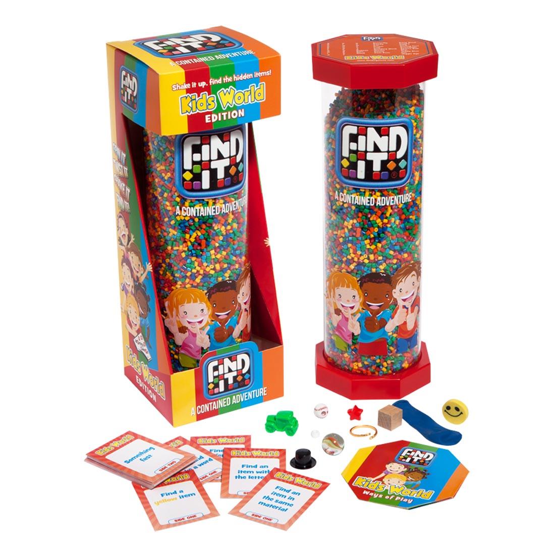 Kids Edition Find It Game shown both in the package and out; plus sample cards and some of the hidden pieces are shown