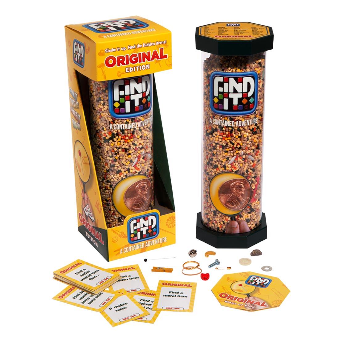 Original Edition Find It Game shown both in the package and out; plus sample cards and some of the hidden pieces are shown