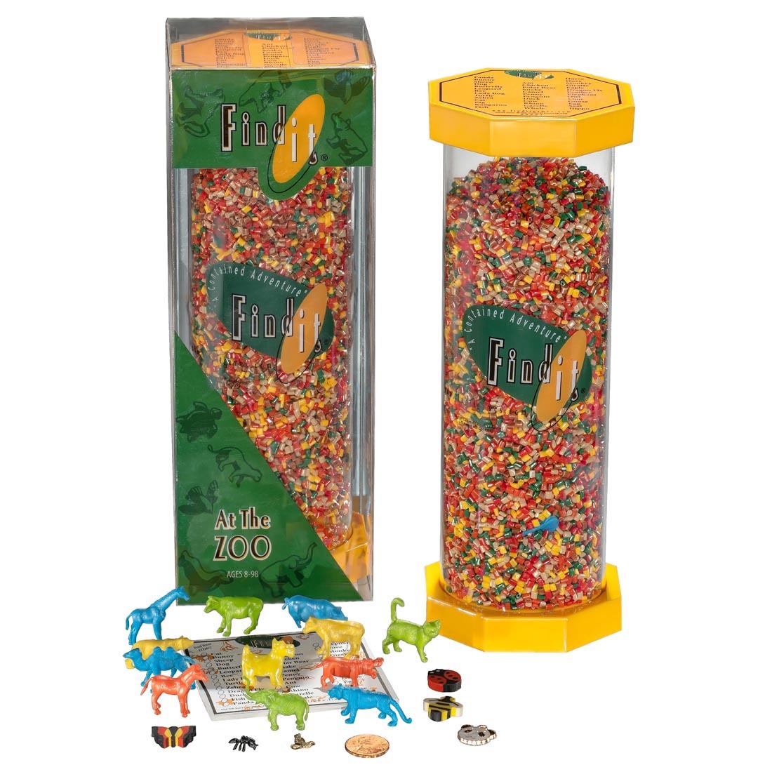 At The Zoo Find It Game, shown both in and out of package, plus some of the found pieces are shown outside the canister