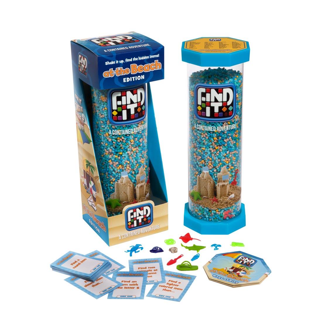 At The Beach Find It Game shown both in the package and out; plus sample cards and some of the hidden pieces are shown