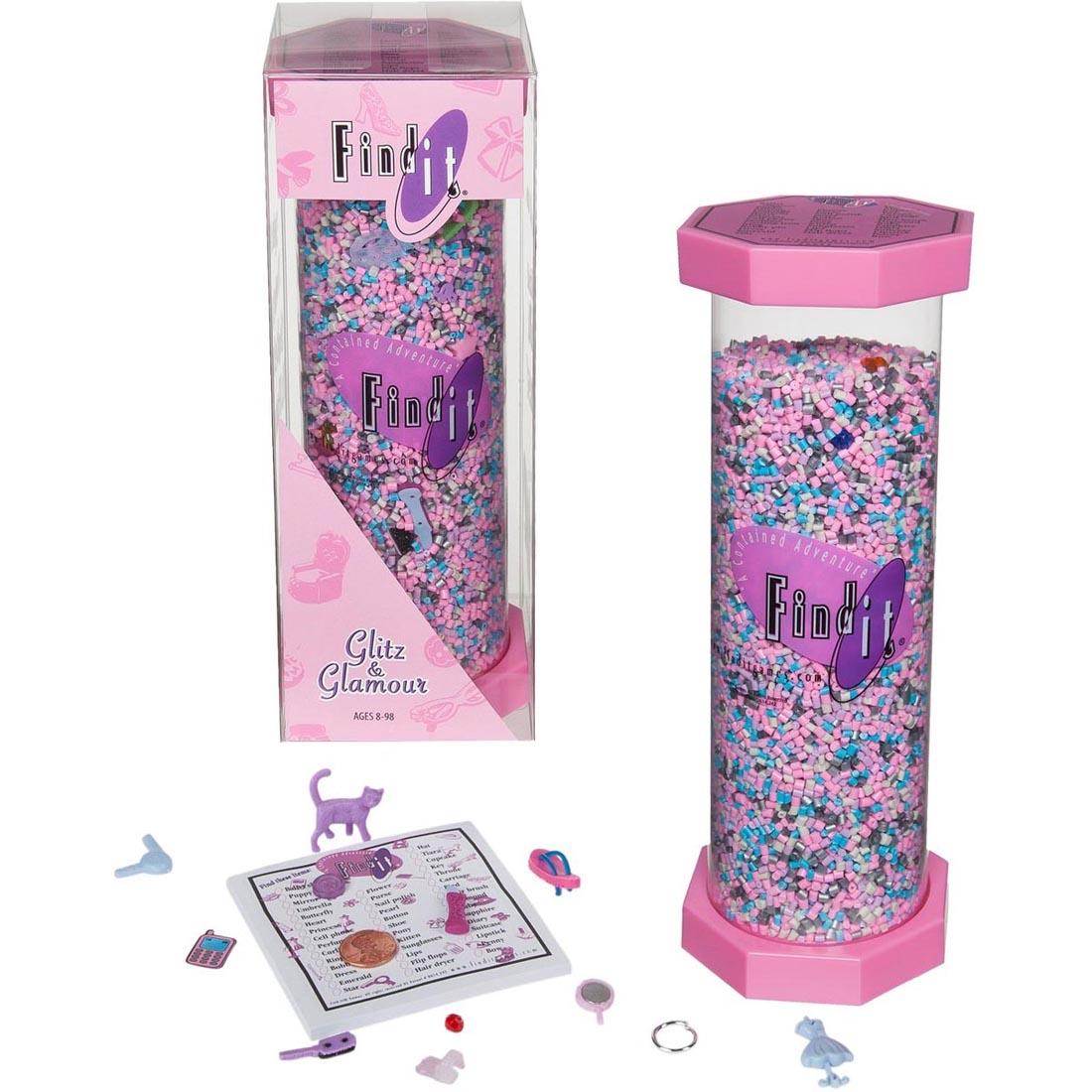 Glitz & Glamour Find It Game, shown inside and outside of the box, with sample items that can be found inside the game