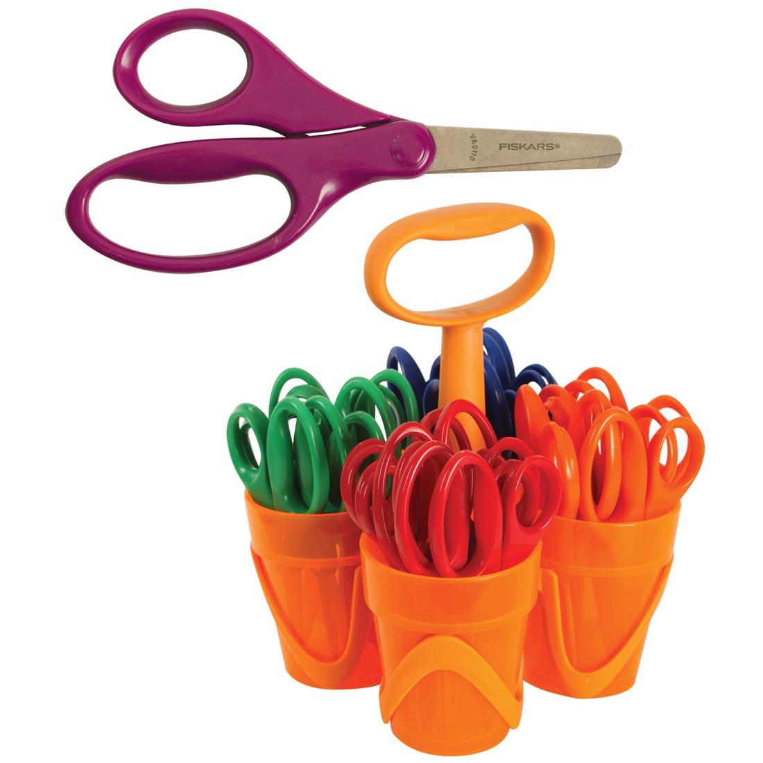 Fiskars for Kids Blunt Scissors Premium Class Pack with a closeup of one pair