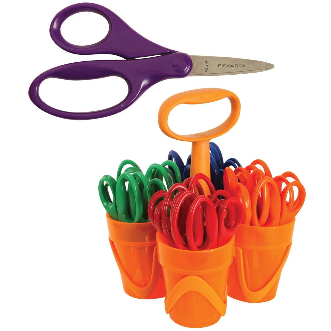 Fiskars for Kids Pointed Scissors Premium Class Pack with a closeup of one pair