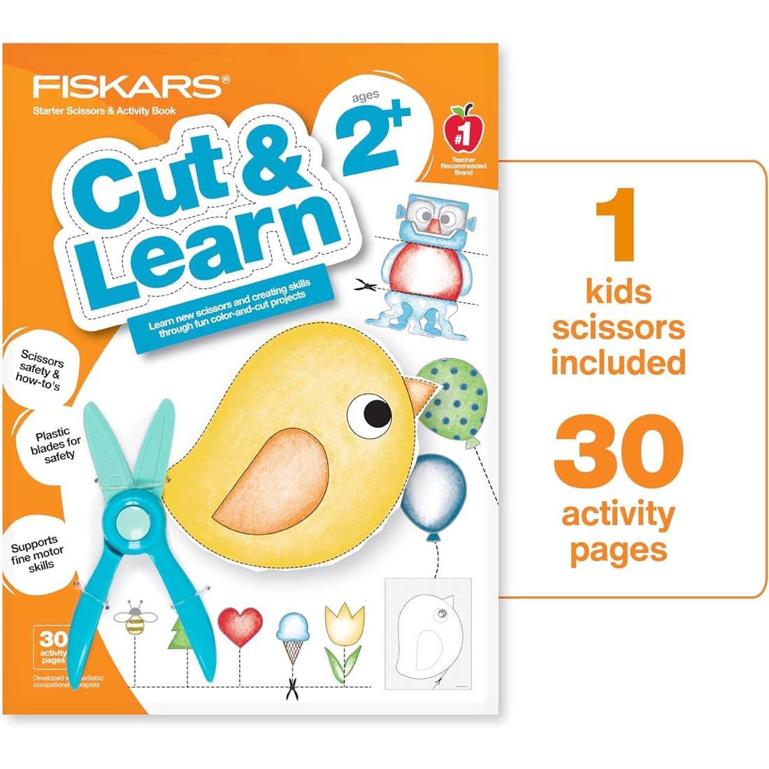 front cover of Fiskars Cut & Learn Activity Book and Scissors Set for ages 2+ plus text 1 kids scissors included 30 activity pages