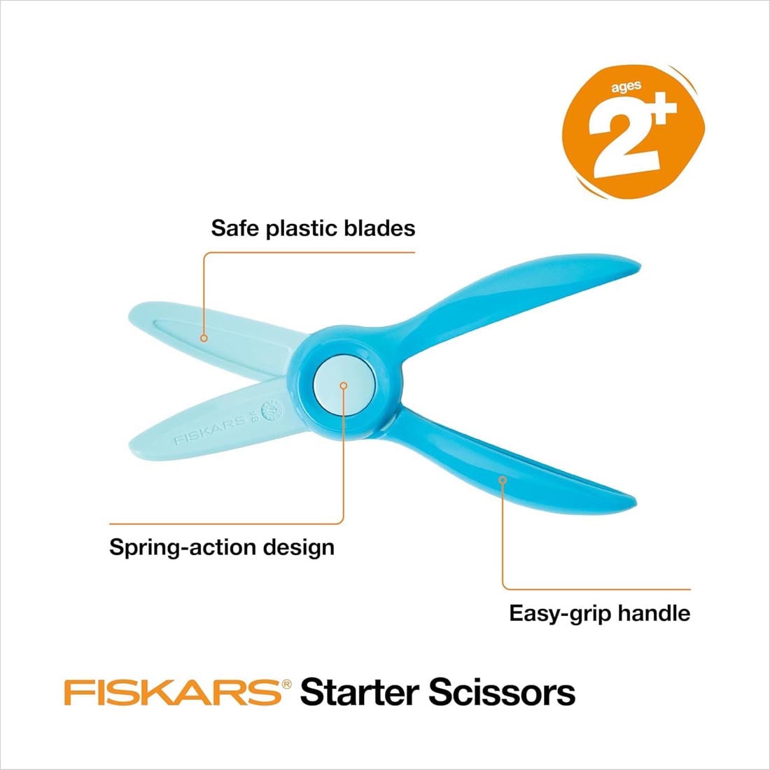 Fiskars Starter Scissors plus text: ages 2+; Safe plastic blades; Spring-action design; Easy-grip handle