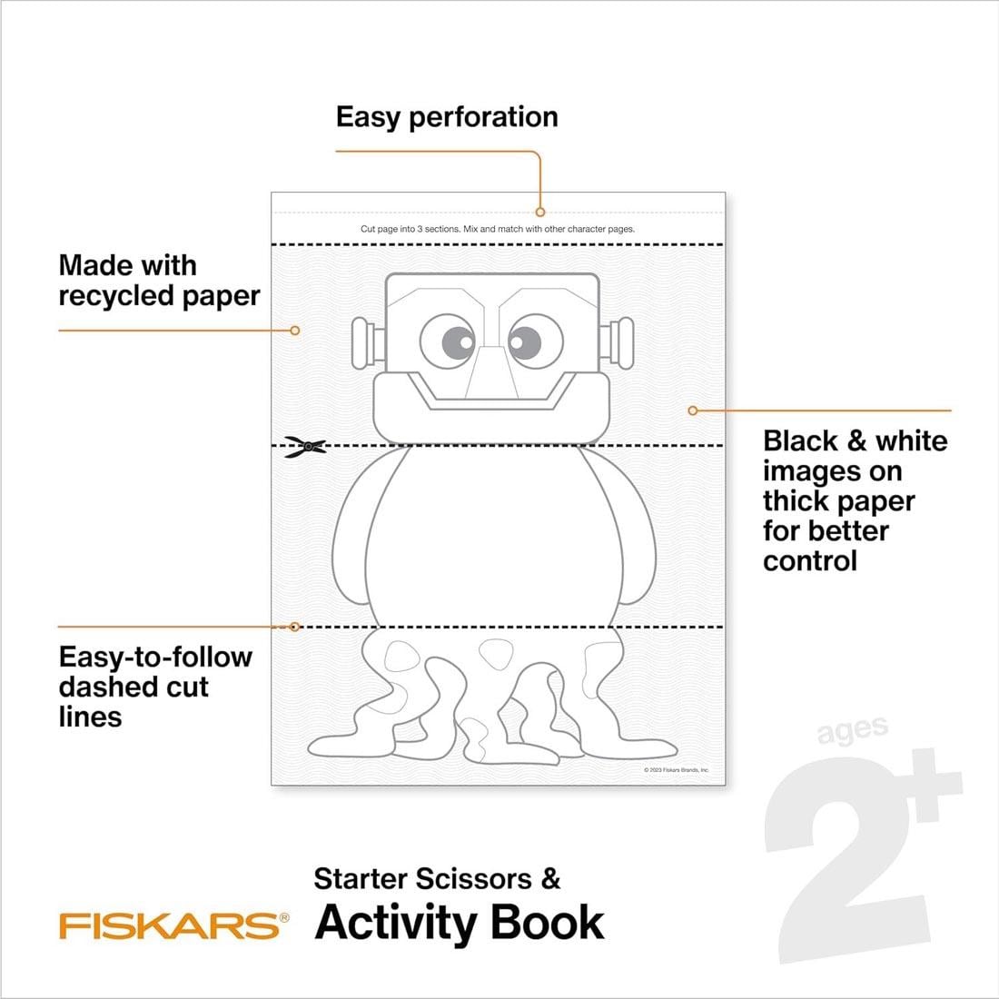sample page from Fiskars Starter Scissors & Activity Book plus text: Easy perforation; Made with recycled paper; Black & white images on thick paper for better control; Easy-to-follow dashed cut line