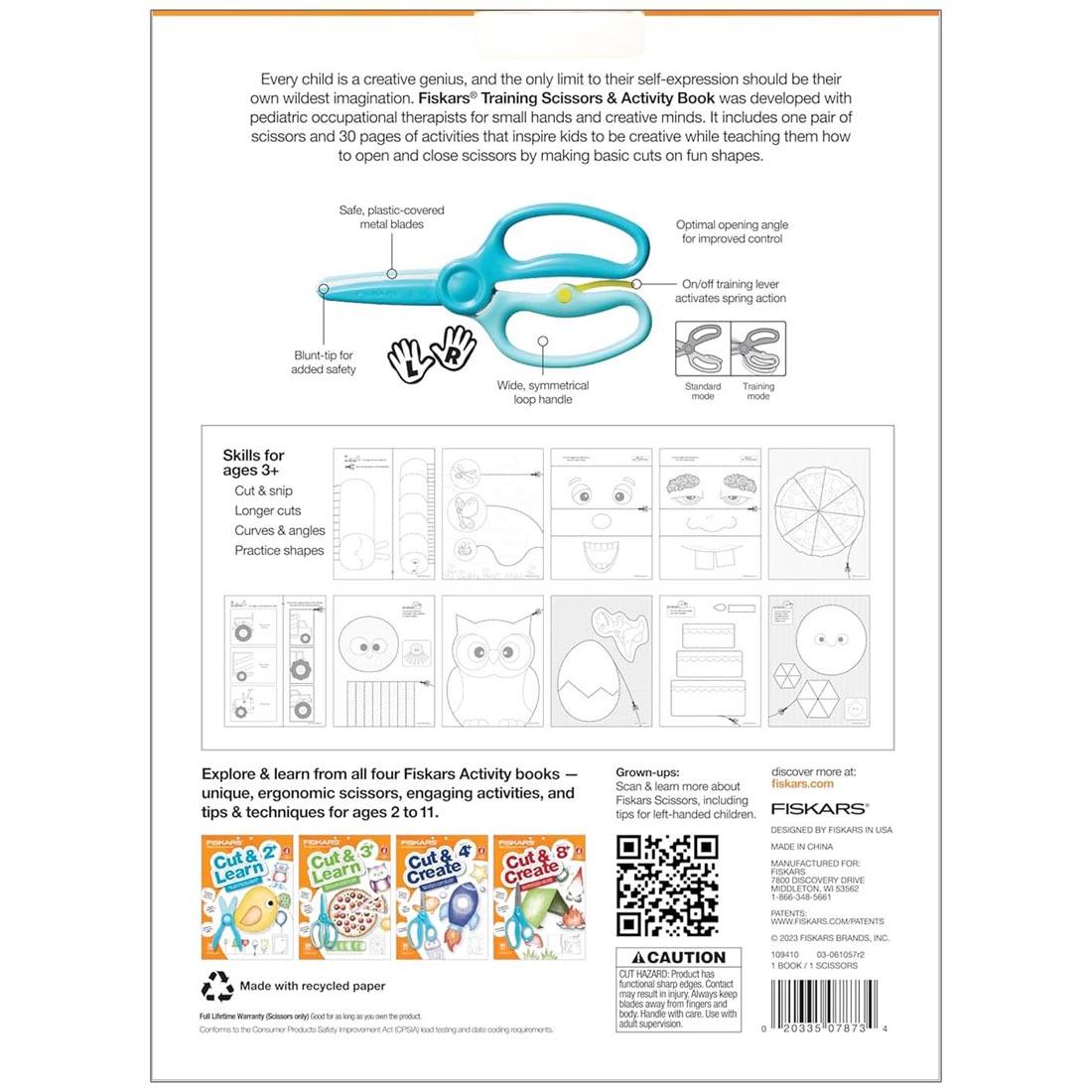back cover of Fiskars Cut & Learn Activity Book and Scissors Set for ages 3+