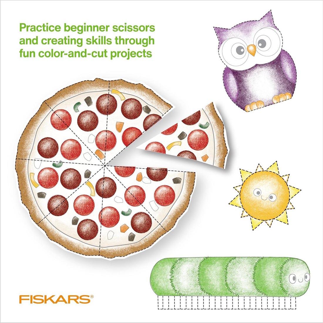sample activities from Fiskars Cut & Learn Activity Book and Scissors Set for ages 3+ plus text Practice beginner scissors and creating skills through fun color-and-cut projects