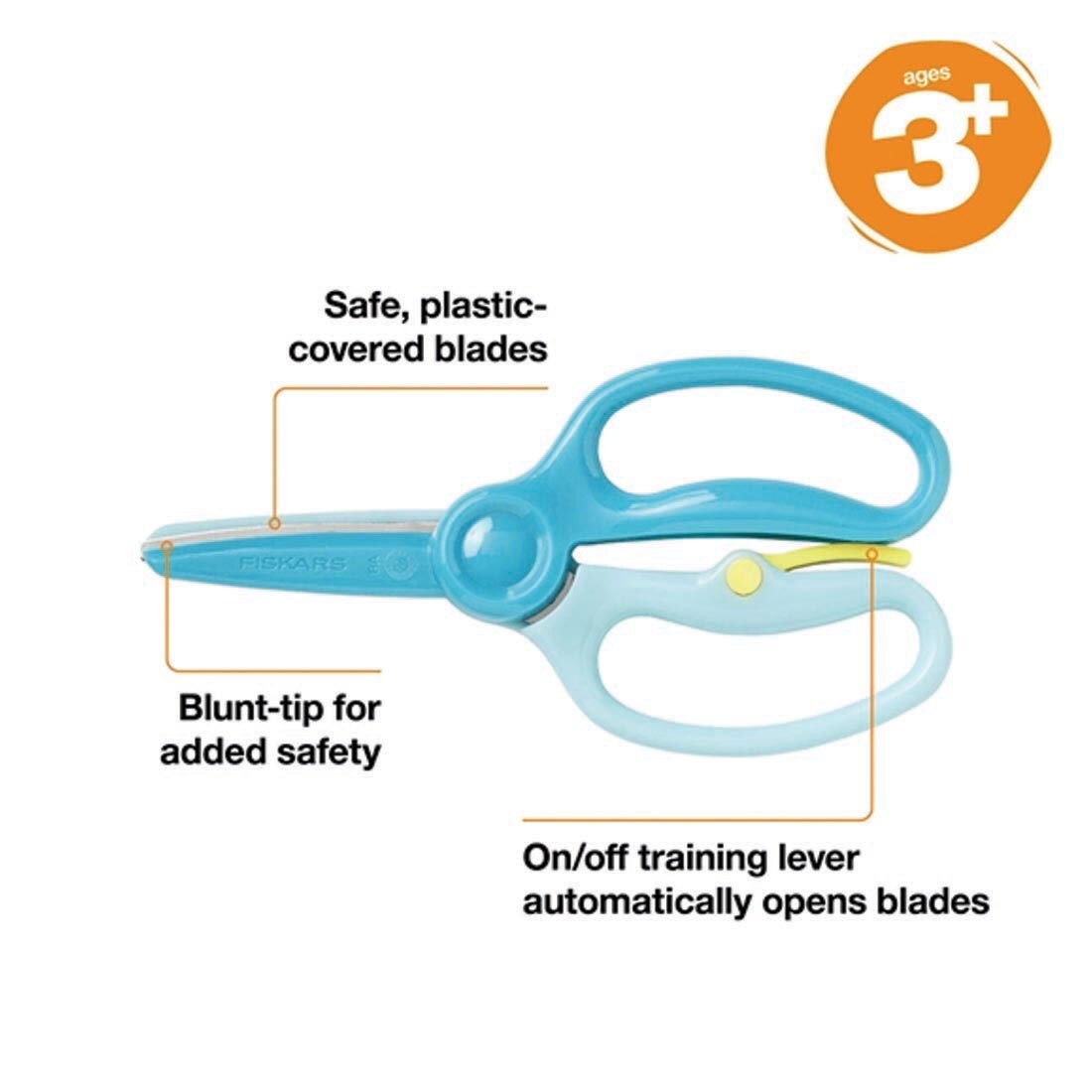 Fiskars Scissors plus text: ages 3+; Safe plastic-covered blades; Blunt-tip for added safety; On/off training lever automatically opens blades