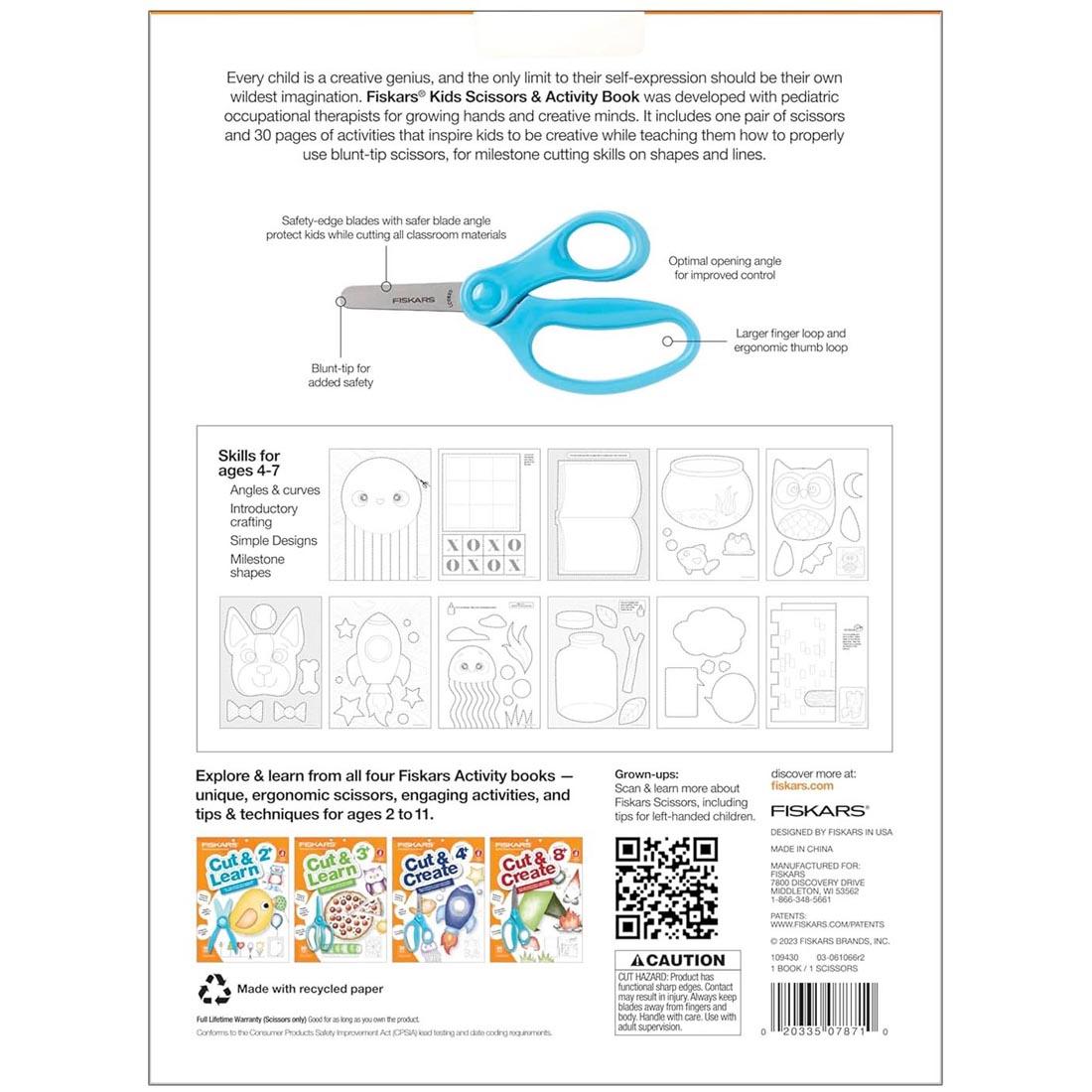 back cover of Fiskars Cut & Create Activity Book and Scissors Set For Ages 4+