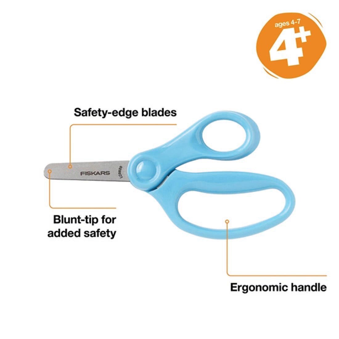 Fiskars Scissors with text: ages 4-7; 4+; Safety-edge blades; Blunt-tip for added safety; Ergonomic handle